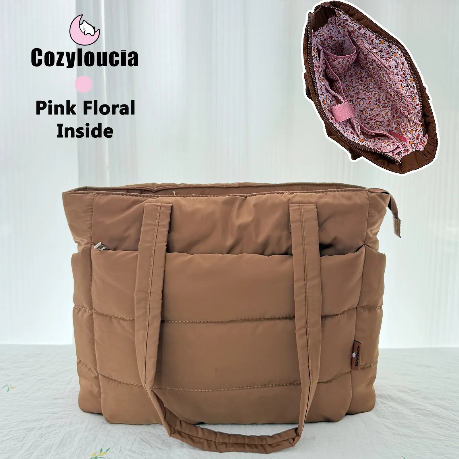 [SummerVibes] CozyLoucia Cute Puffer Tote Bag for Women Pink Flower Print Interior Laptop Shoulder Handbag, Lightweight Best Tote Bag for Work with Multiple Compartments for Travel , Work and School, Quilted Puffer Bag, Gifts For Women summerwins