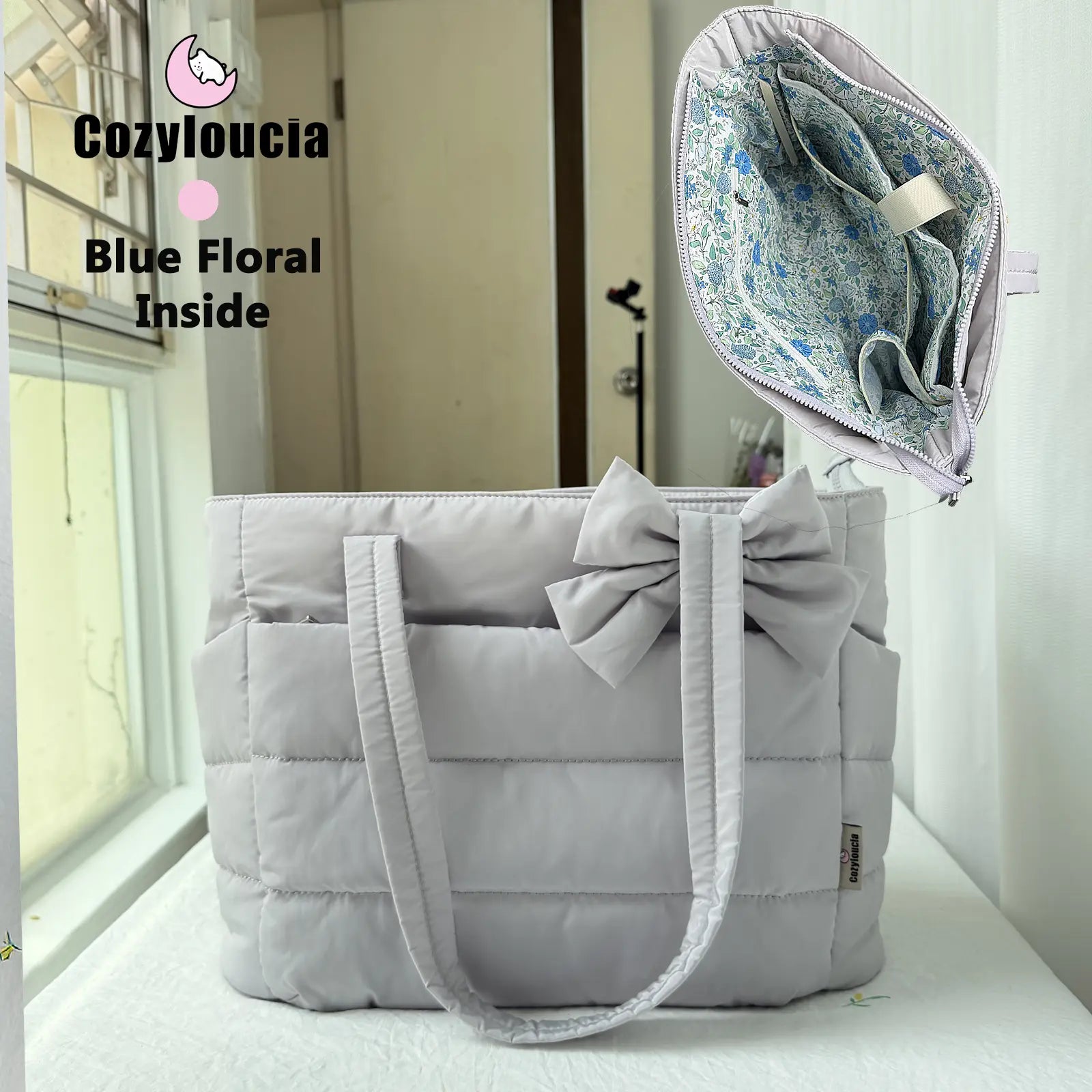 [SummerVibes] CozyLoucia Cute Puffer Tote Bag for Women Pink Flower Print Interior Laptop Shoulder Handbag, Lightweight Best Tote Bag for Work with Multiple Compartments for Travel , Work and School, Quilted Puffer Bag, Gifts For Women summerwins
