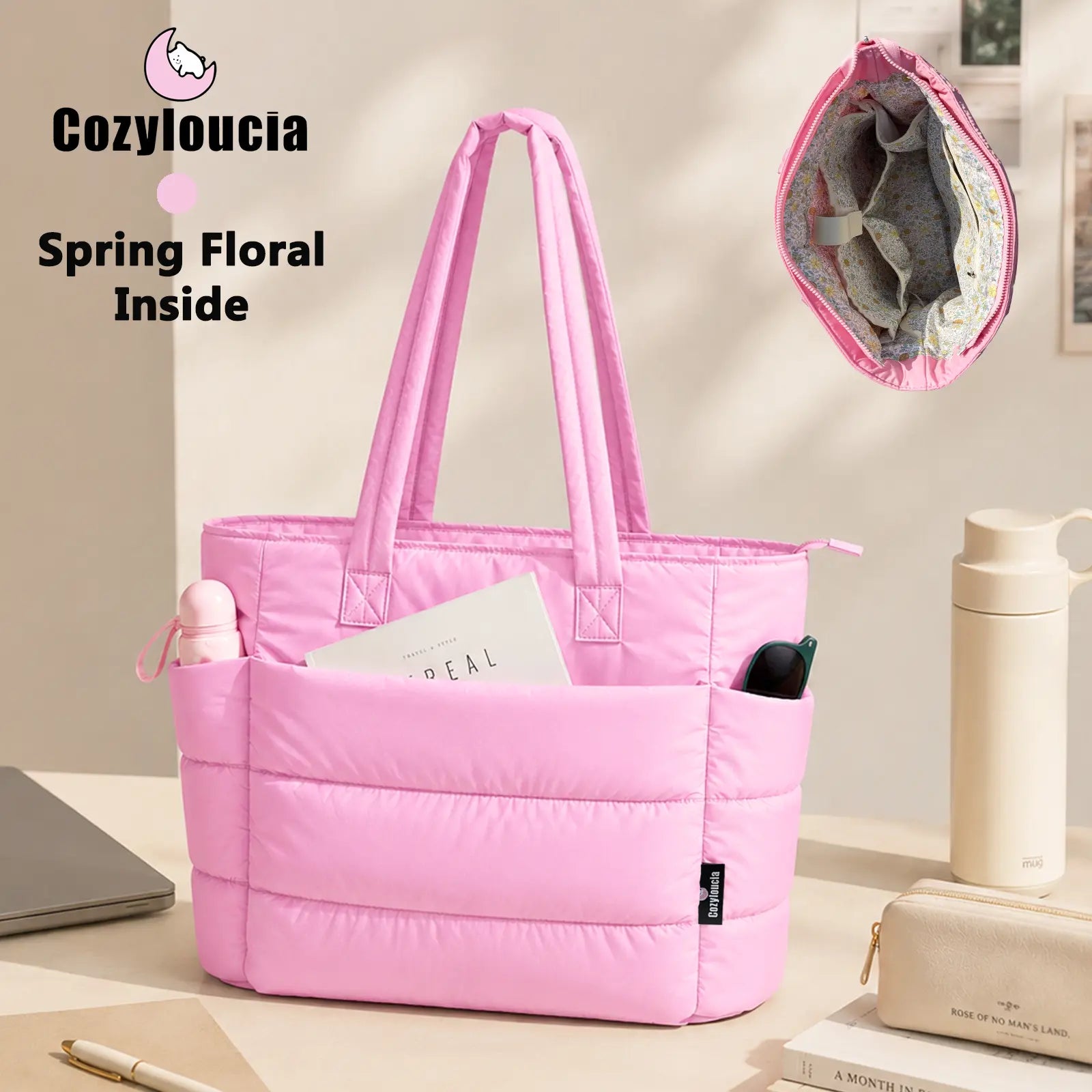 [SummerVibes] CozyLoucia Cute Puffer Tote Bag for Women Pink Flower Print Interior Laptop Shoulder Handbag, Lightweight Best Tote Bag for Work with Multiple Compartments for Travel , Work and School, Quilted Puffer Bag, Gifts For Women summerwins