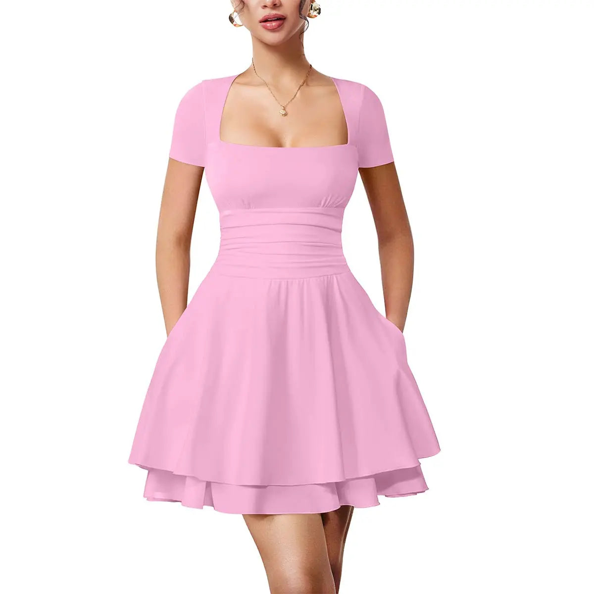 Women's Casual Square Neck Ruffle Hem Mini Dress Short Sleeve Short Party Dresses With Pockets
