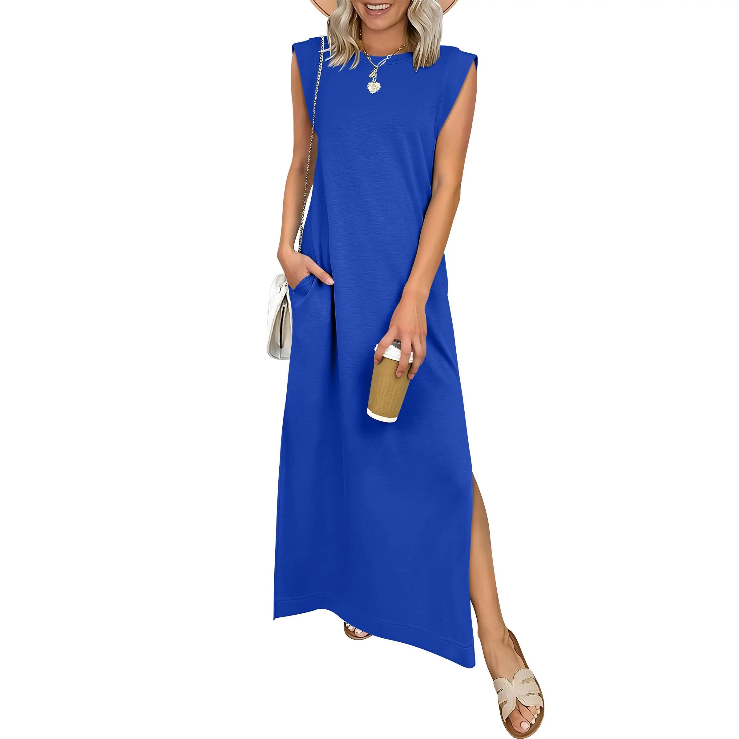 Women Summer Casual Sleeveless Maxi Dress 2026 Crewneck Loose Split Wrinkle-Free Beach Travel Vacation Long Sundress
