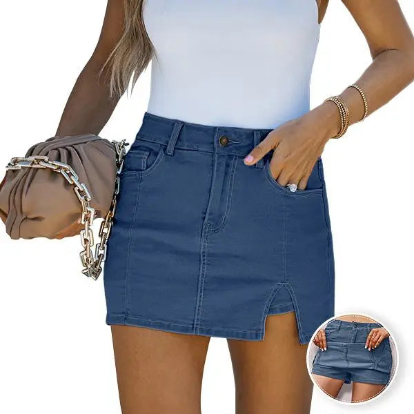 luvamia Skorts Skirts for Women Denim Mini Casual Oversize Skirt Side Slit with High Waisted Jean Shorts Stretchy