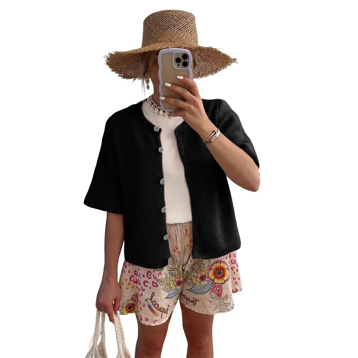 Tanming Women's Short Sleeve Cardigan Sweater - Crew Neck, Soft Ribbed Knitting Fabric, Button-Down, Fitted, Lightweight Breathable Clothes for Casual Office, Spring Summer Layering Cover Up (Women's Tops) #SpringStatements