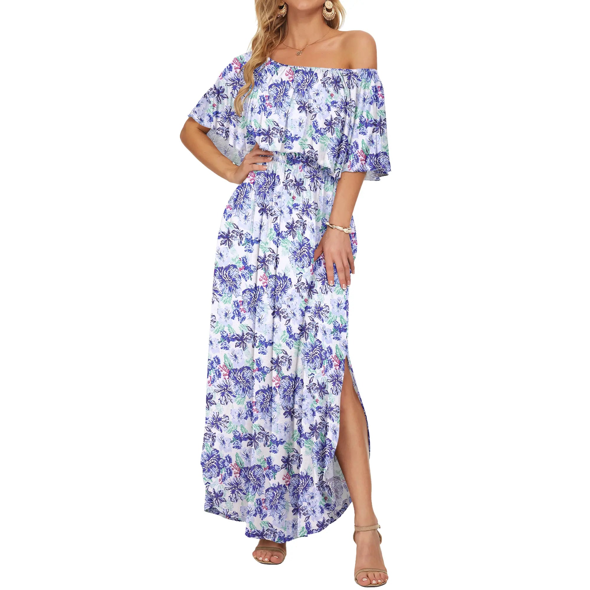 Women's Plus Size Off The Shoulder Dress Wedding Guest Dress Summer Casual Long Ruffle Party Side Split Beach Maxi Dresses with Pockets