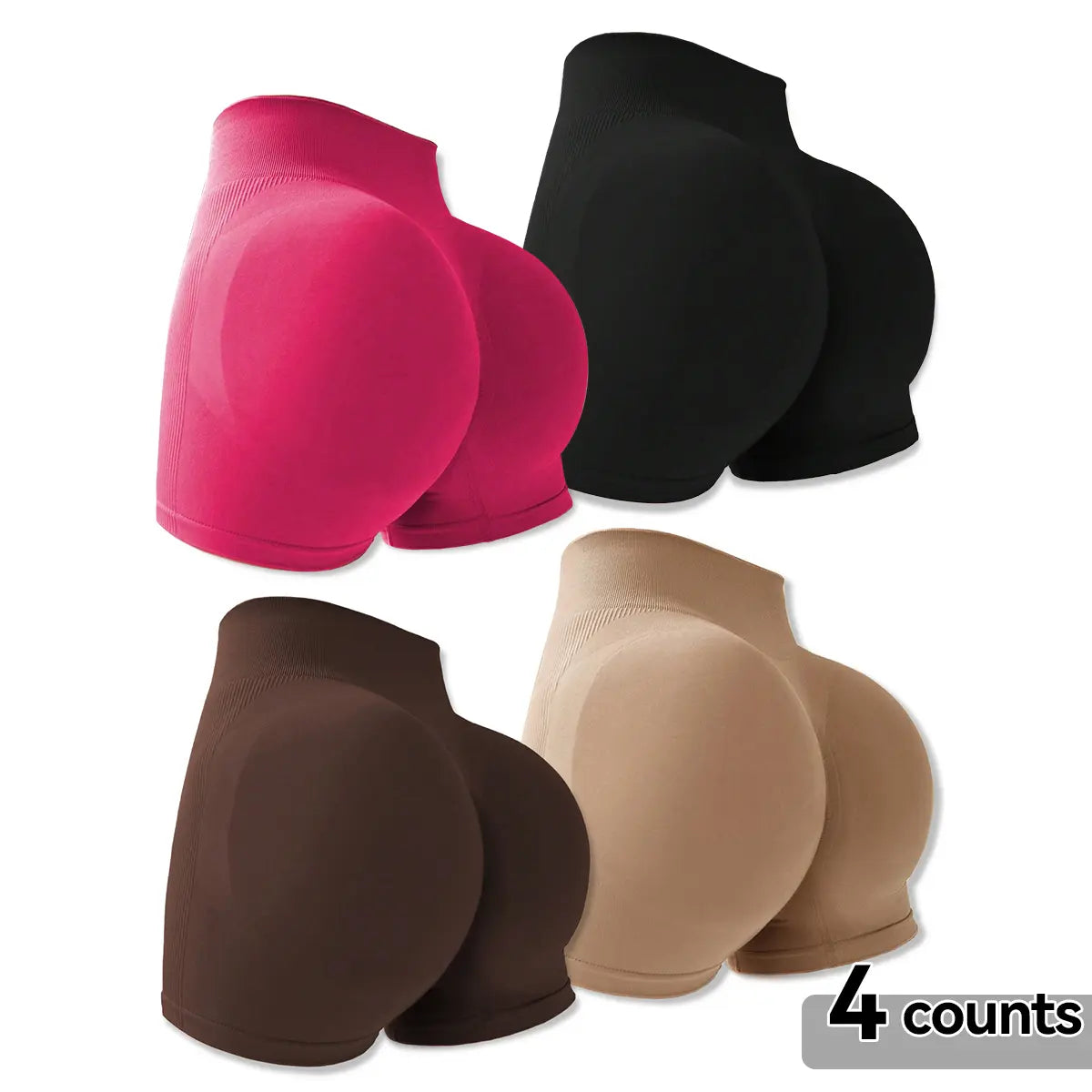 4-Pieces High Waist Tummy Control Side-Ribbed Butt-Lifting Seamless Shorts, Lightweighted Summer Shorts, Stretchy Womenswear Bottom Peachy Shorts