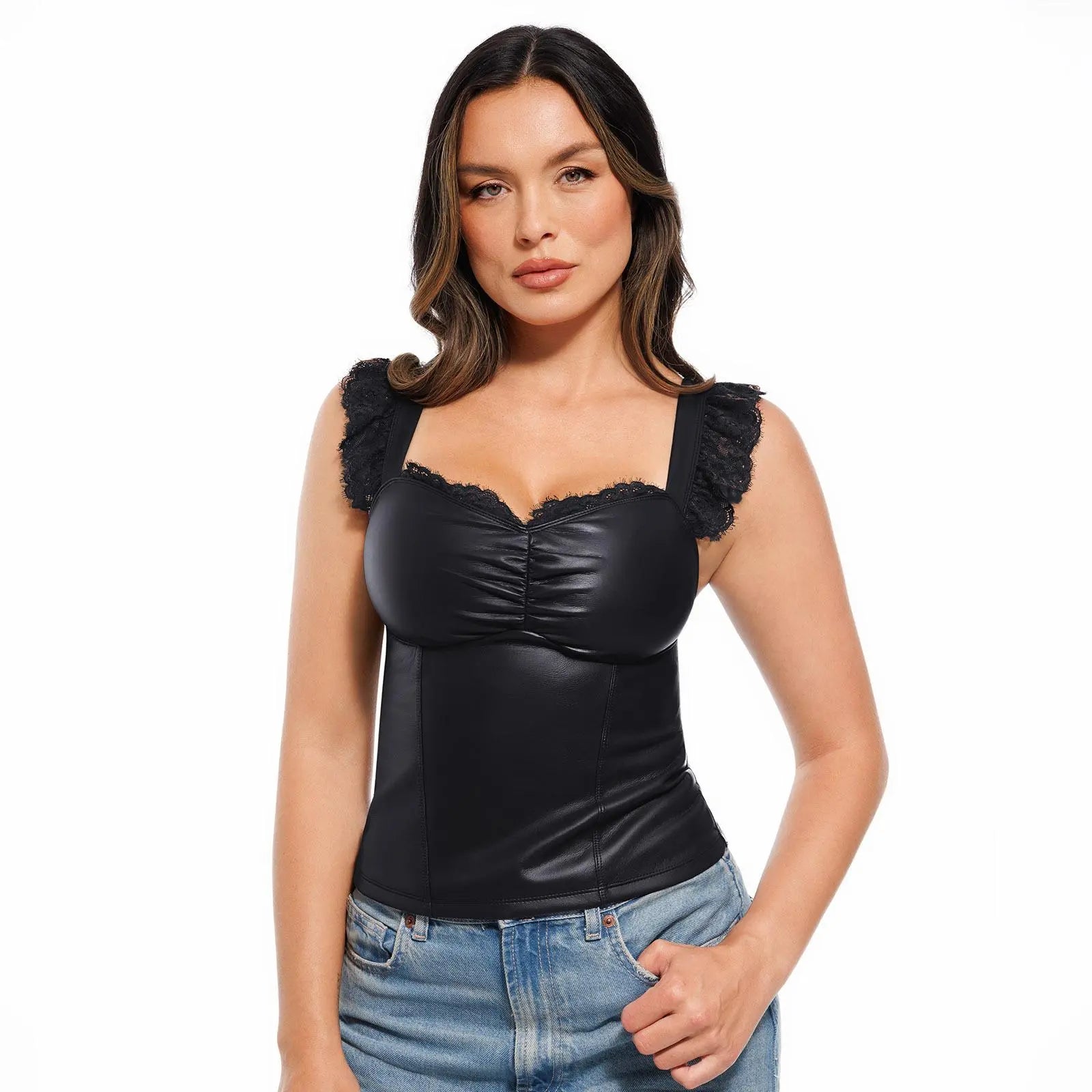 【Runs Small】Popilush Basic Faux Leather Corset Top Supportive Shapewear Bodysuit Lingerie Lace Trim Tummy Control Bustier Sleeveless Womenswear Summervibe