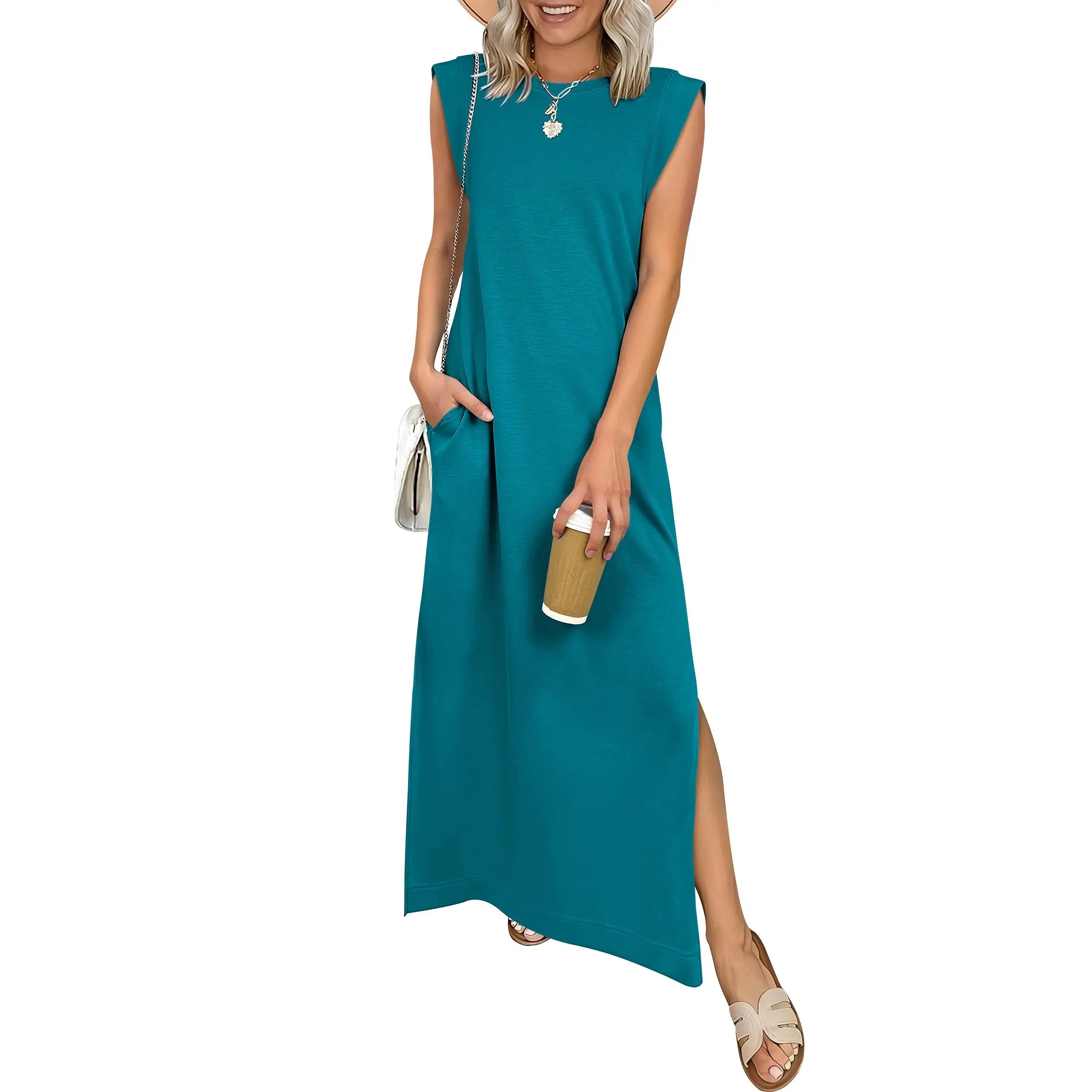 Women Summer Casual Sleeveless Maxi Dress 2026 Crewneck Loose Split Wrinkle-Free Beach Travel Vacation Long Sundress