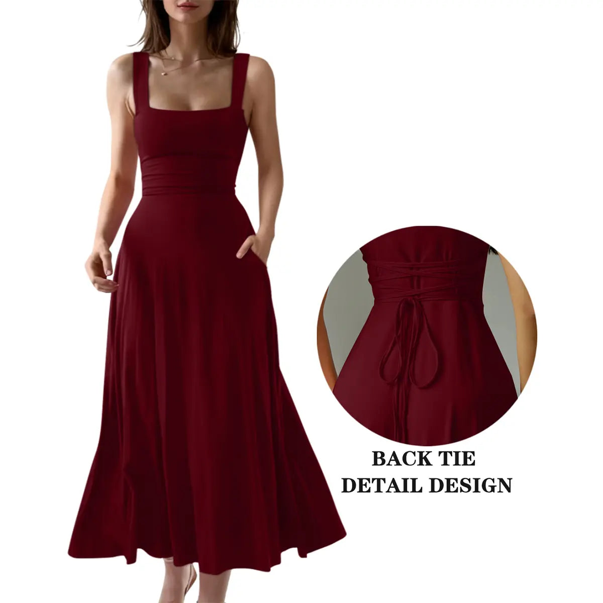 Women's Casual Sleeveless Square Neck A-Line Solid Slim Flowy Long Dress with Pockets & Back Tie Detail Design