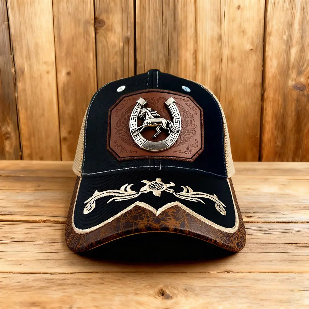 Western Trucker Hat für Herren Damen Vintage Cowboy Country Hüte mit Hufeisen-Stickerei & Snapback Passform für Western-Outfit