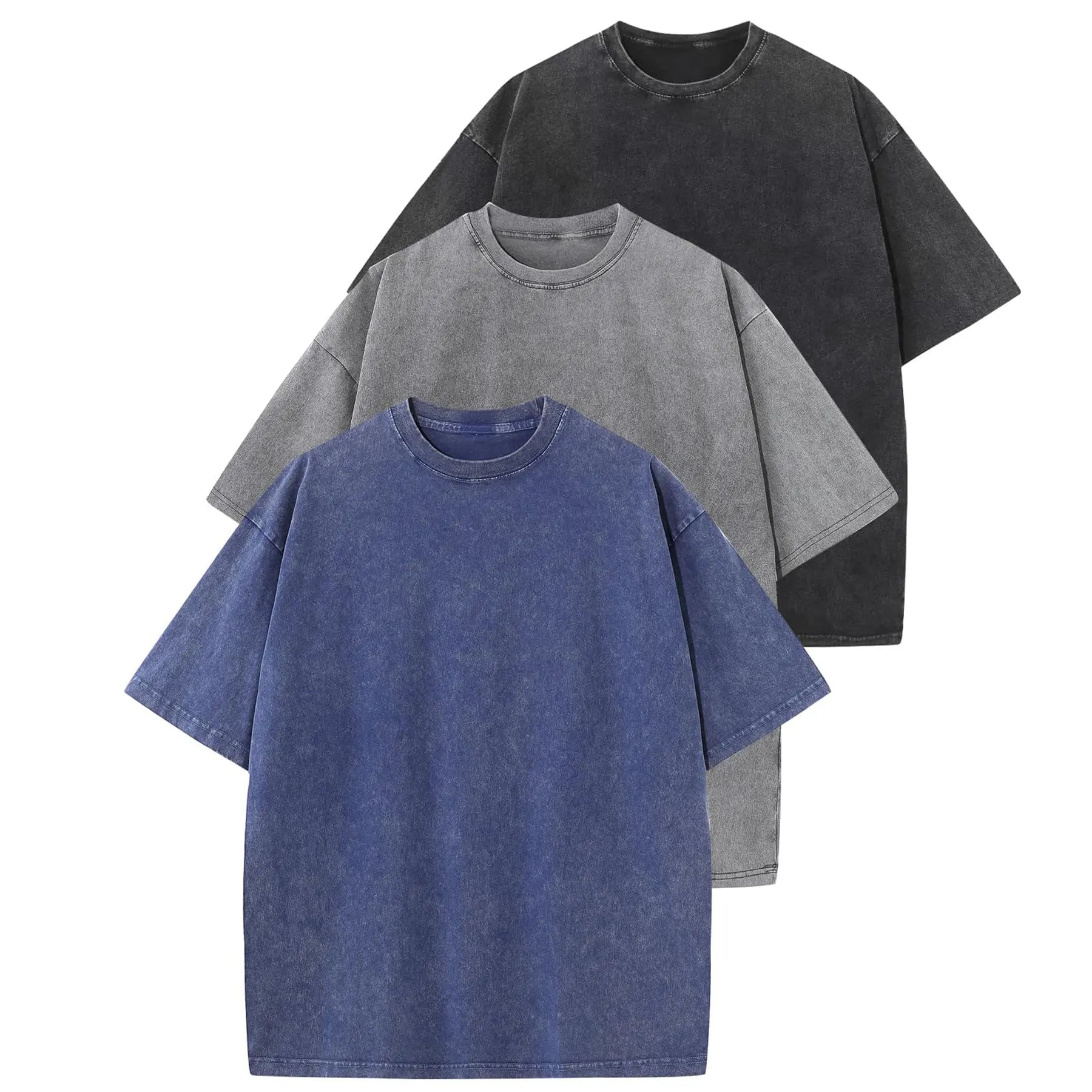 MoonYi 3 Pack Women's Oversized T Shirts Acid Wash Cotton Crew Neck Half Short Sleeve Summer Unisex Tees Casual Loose Fit Solid Streetwear Comfortable Tops Basic Womenswear Plain Tshirt