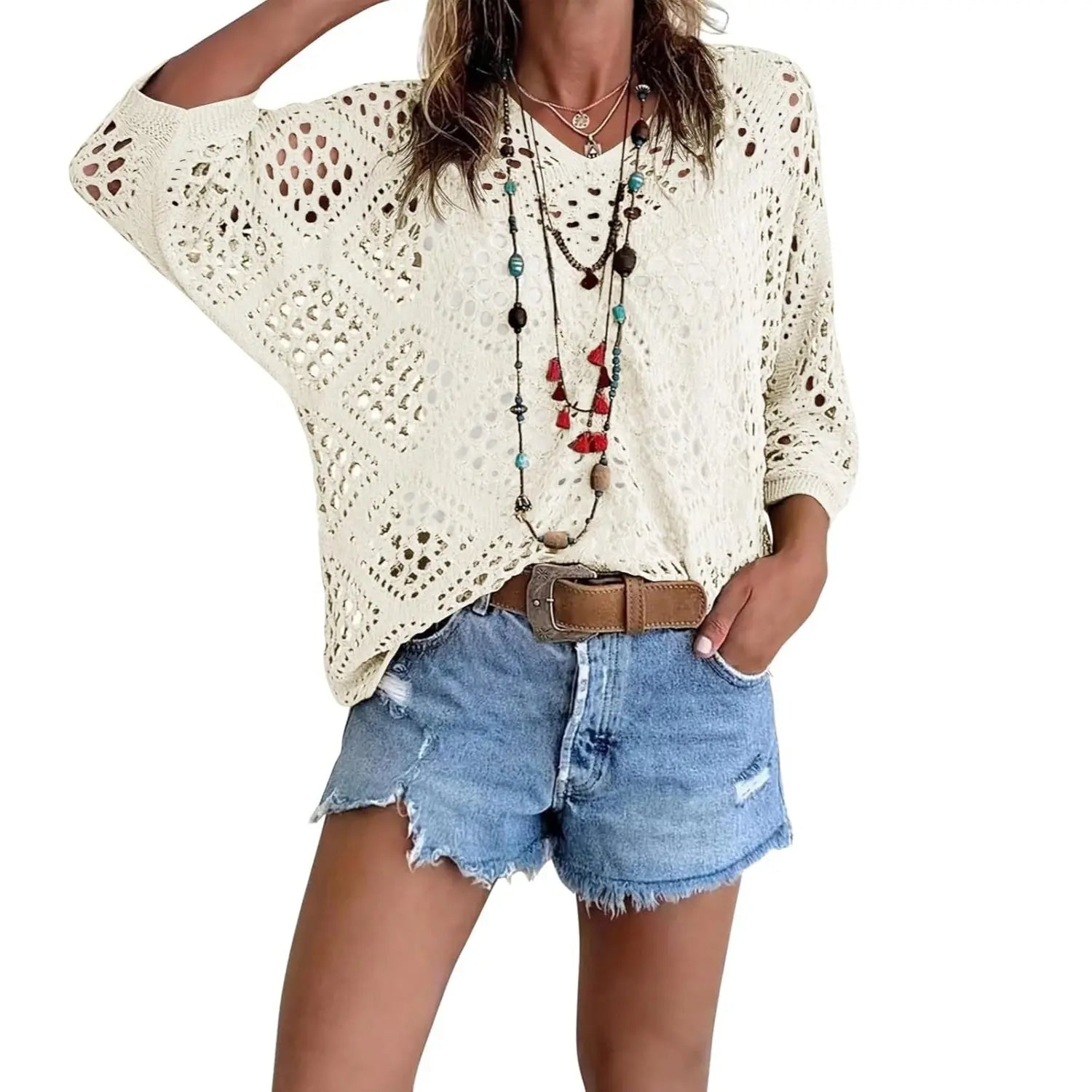 Fisoew Women's Bohemian-Inspired Beige Crochet Top with V-Neck #Springtok #summervibes Casual Chic Womenswear Lightweight costco finds this week tops women's clothes flash sale summer tops