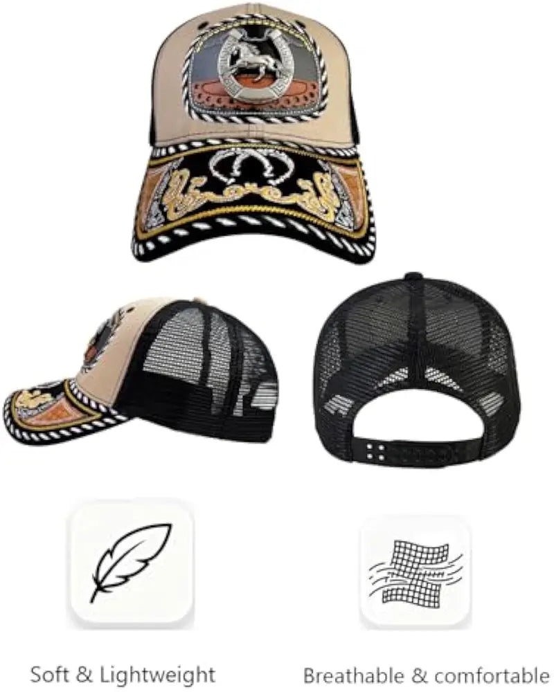 Western Trucker Hat für Herren Damen Vintage Cowboy Country Hüte mit Hufeisen-Stickerei & Snapback Passform für Western-Outfit
