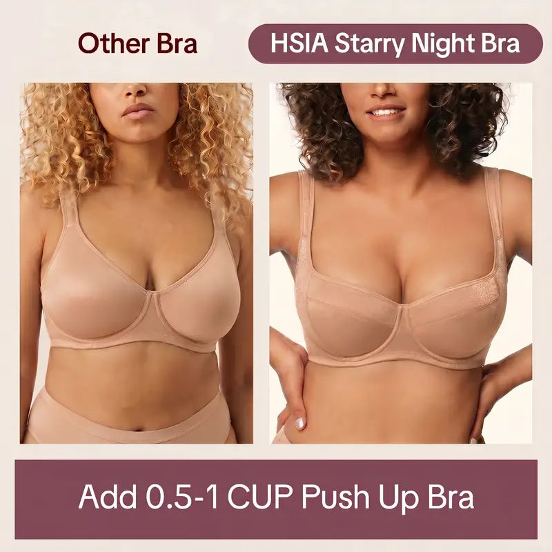 ISHA Starry Night 4mm Lightly Padded Plus Size Lifting Support Add 0.5-1 Cup Size Balconette Bra Underwire Glass Shimmer Fabric U Shaped Back Smoothing Wider Padded Straps Sexy Demi Low Cut Natural Push Up for Big Bust Women Daily Lingerie