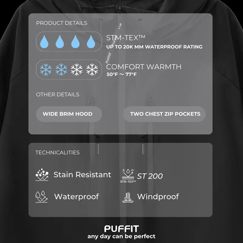 PUFFITER Short One-Size Rain Jacket With Pleated Hem,Hooded Jacket,Waterproof Jacket,Women Jacket,Wide-Brim Hood,Adjustable Cuffs,Zips,Outdoor Sport,Jacket,Statements,Windbreaker,Spring,Dog Walking,School Running,Football Mum,Stylish