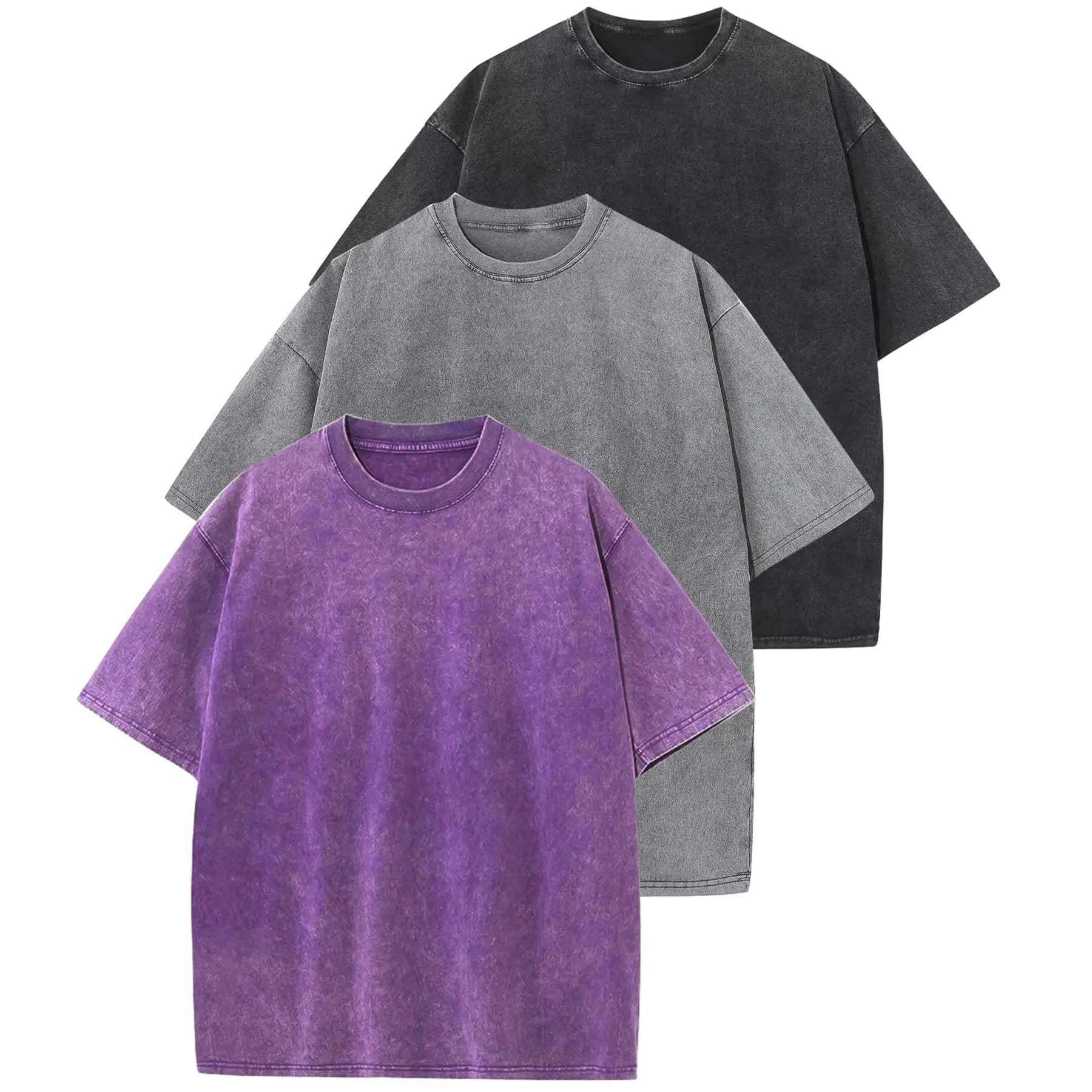MoonYi 3 Pack Women's Oversized T Shirts Acid Wash Cotton Crew Neck Half Short Sleeve Summer Unisex Tees Casual Loose Fit Solid Streetwear Comfortable Tops Basic Womenswear Plain Tshirt