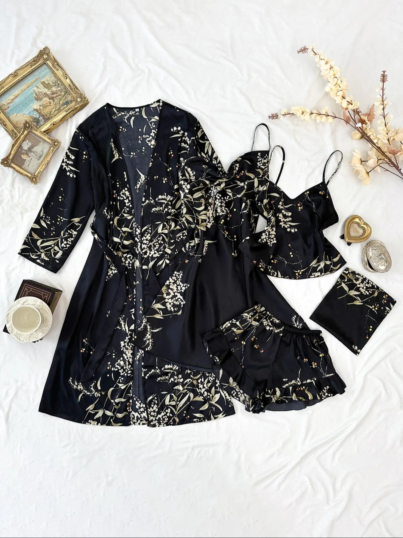 Women's Floral Plant Print Satin Pajama Set (Pjs) with Belted Robe, Cowl Neck Cami Nightdress, Backless Cami Top, Elastic Waist Shorts & Storage Bag, Casual Comfortable Women's Sleepwear & Loungewear Camisole Sets Lingerie
