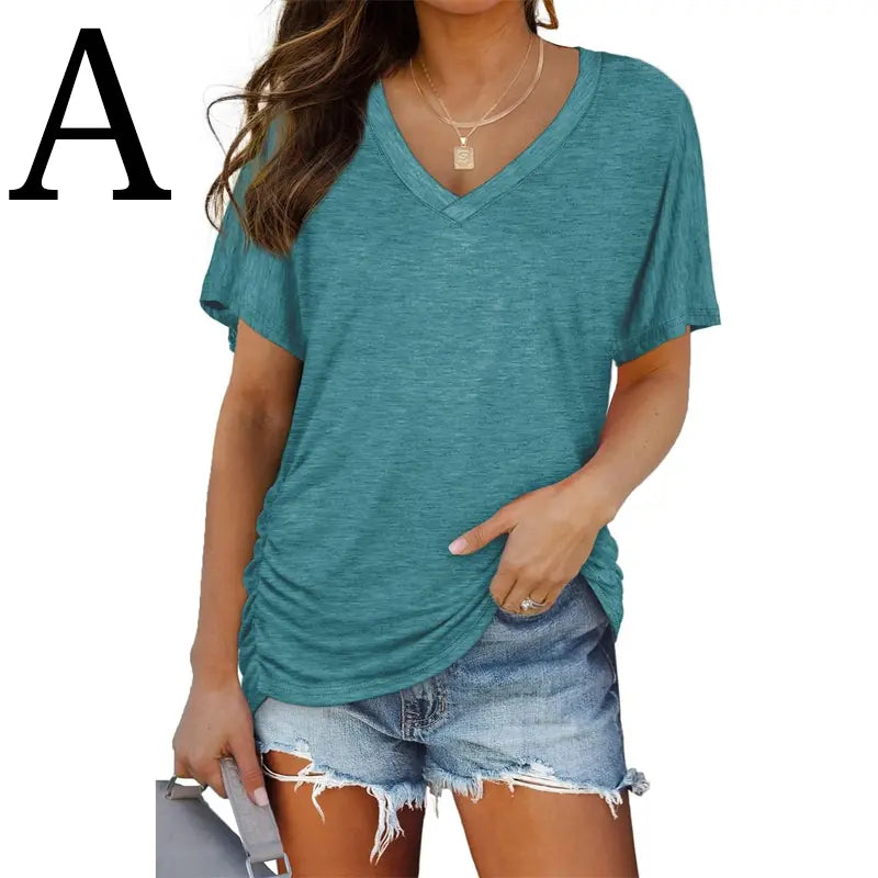 HOLLWI SwimWeek Womens Short Sleeve V Neck Dolman Tops with Side Shirring Loose Fit Shirts