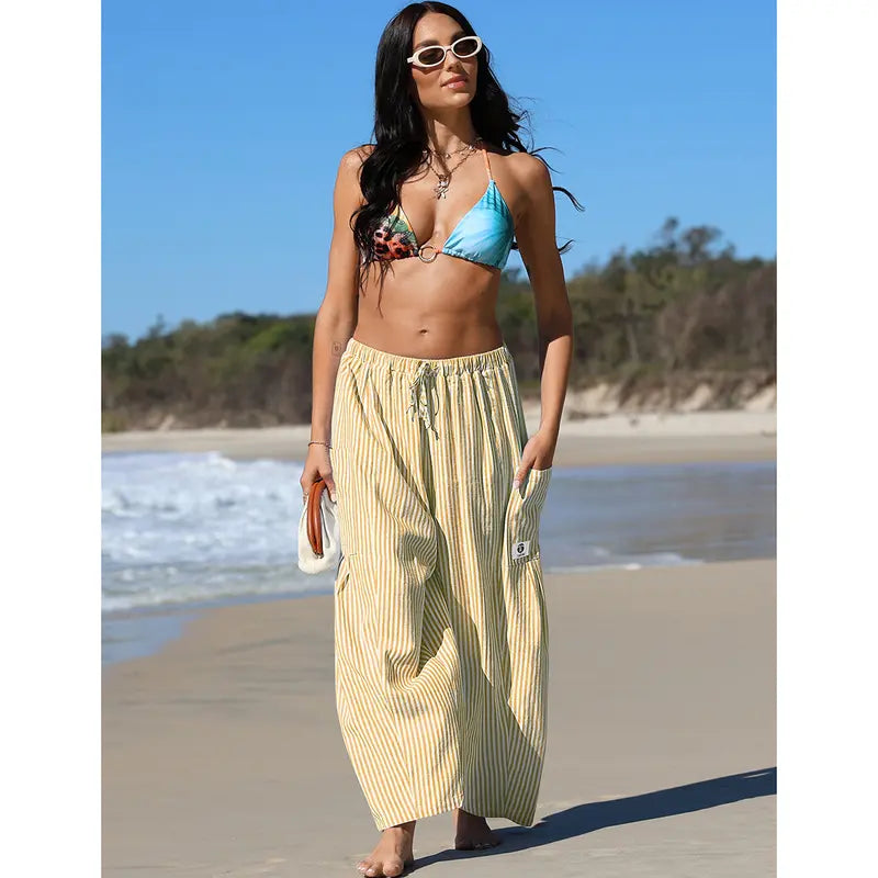 【SS26 Collection】Womens Wide Leg Gingham Striped Plaid Pants Casual Barrel Loose Drawstring Low Waist Palazzo Harem Pants with Pockets