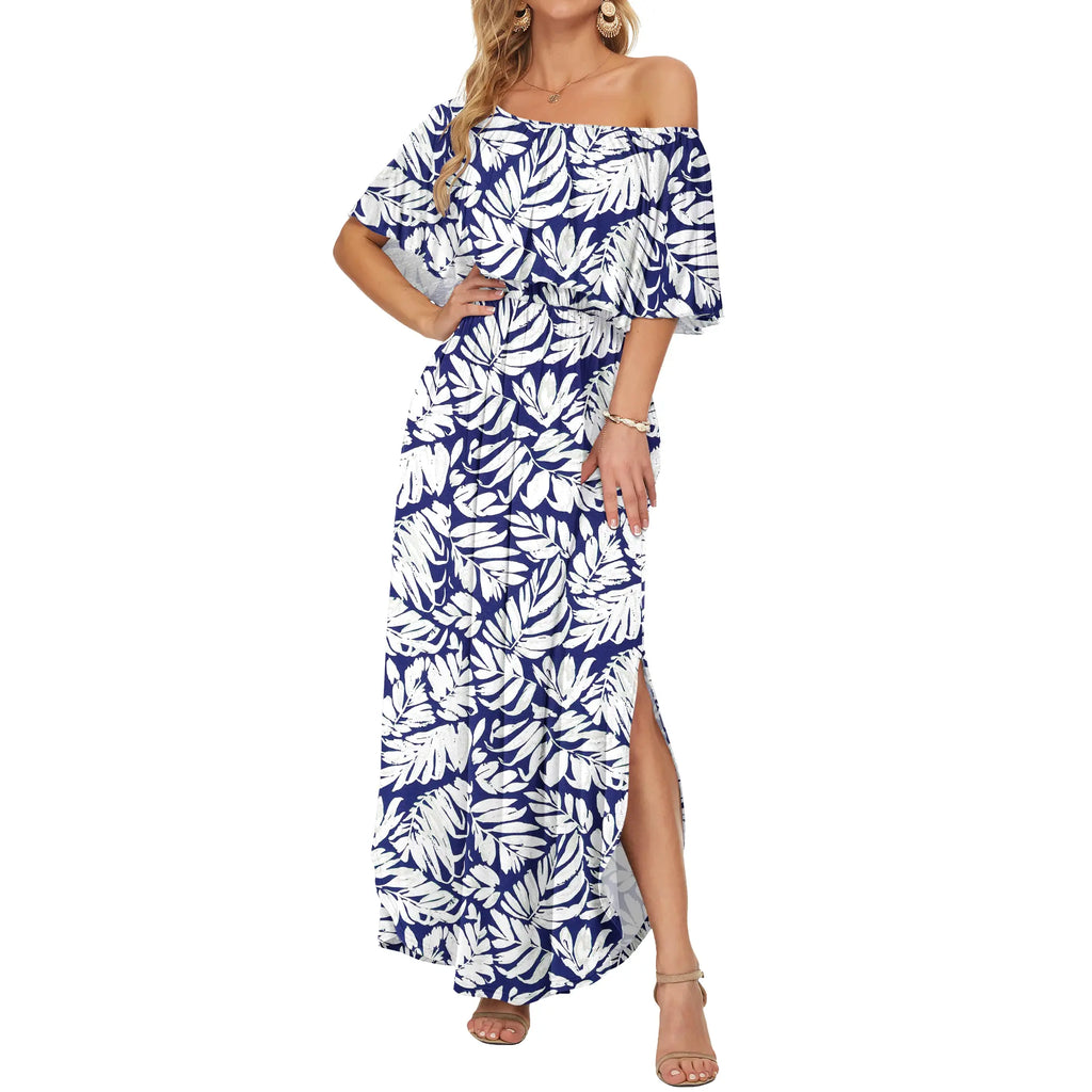Women's Plus Size Off The Shoulder Dress Wedding Guest Dress Summer Casual Long Ruffle Party Side Split Beach Maxi Dresses with Pockets
