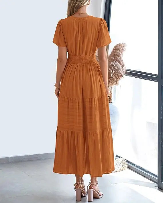 Women's Summer 2026 Casual Maxi Dress Lightweight Short Sleeve V Neck Boho Dress with Pockets