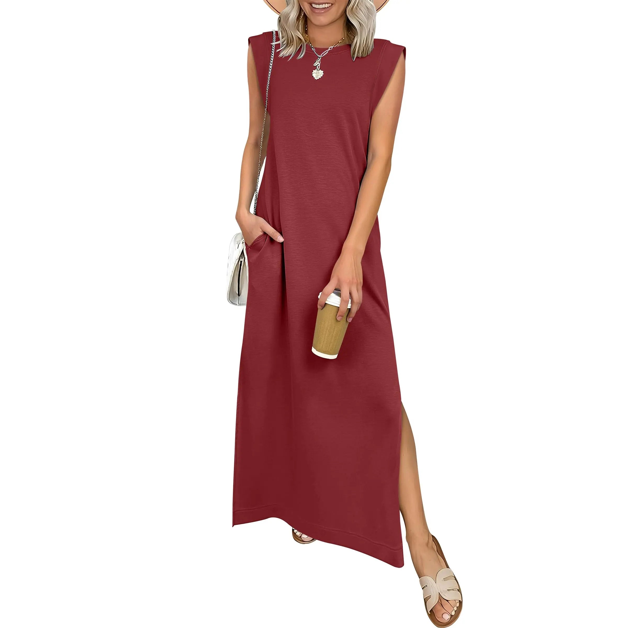 Women Summer Casual Sleeveless Maxi Dress 2026 Crewneck Loose Split Wrinkle-Free Beach Travel Vacation Long Sundress