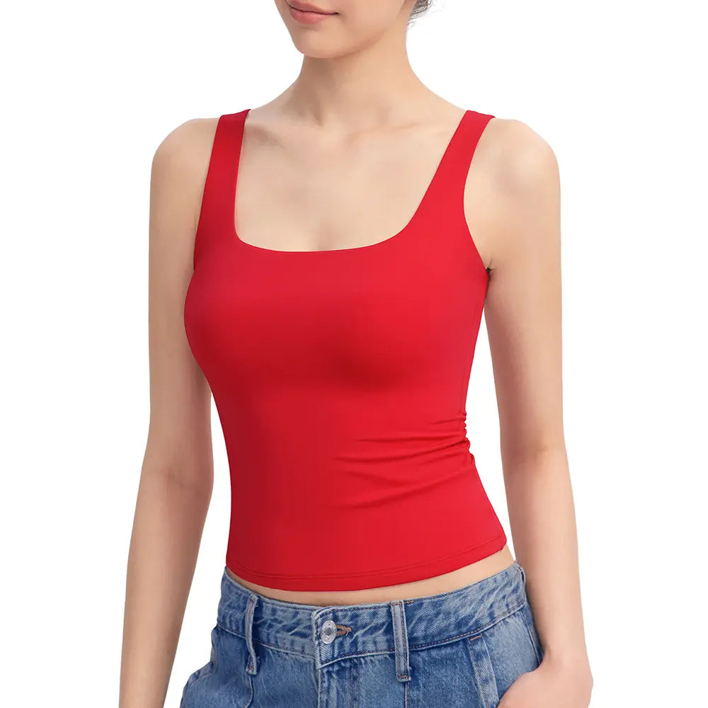 Women's Square Neck Tank Top, Wide Strap Buttery Soft Cami, Double Layer Stretchy Top, Comfortable Everyday Essential summerwins