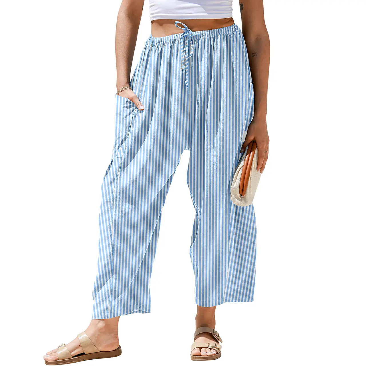 【SS26 Kollektion】Damen Weite Hose Gestreifte Karohose Freizeit Barrel Loose Kordelzug Niedrige Taille Palazzo Haremshose mit Taschen