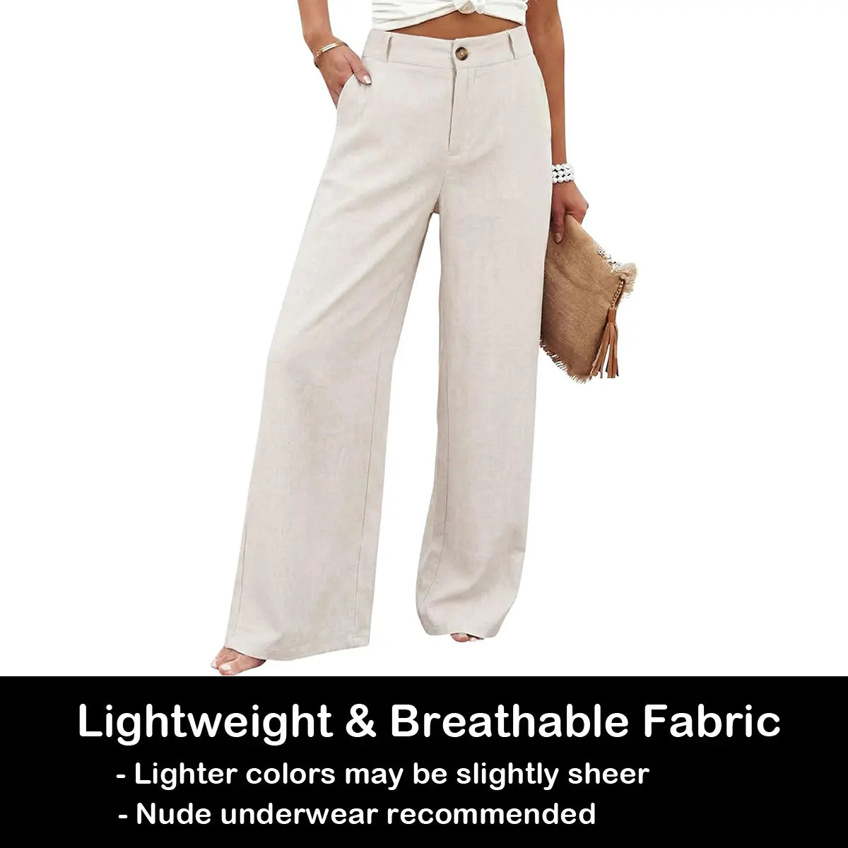 Tanming Damen Baumwoll-Leinen-Hose Freizeit-Knopfhose mit hoher Taille Weites Bein Hose Minimalistisch Basic Atmungsaktiver Stoff Lässige Weite Bequeme Sommer Strandhose,summerwins