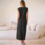 Women Summer Casual Sleeveless Maxi Dress 2026 Crewneck Loose Split Wrinkle-Free Beach Travel Vacation Long Sundress