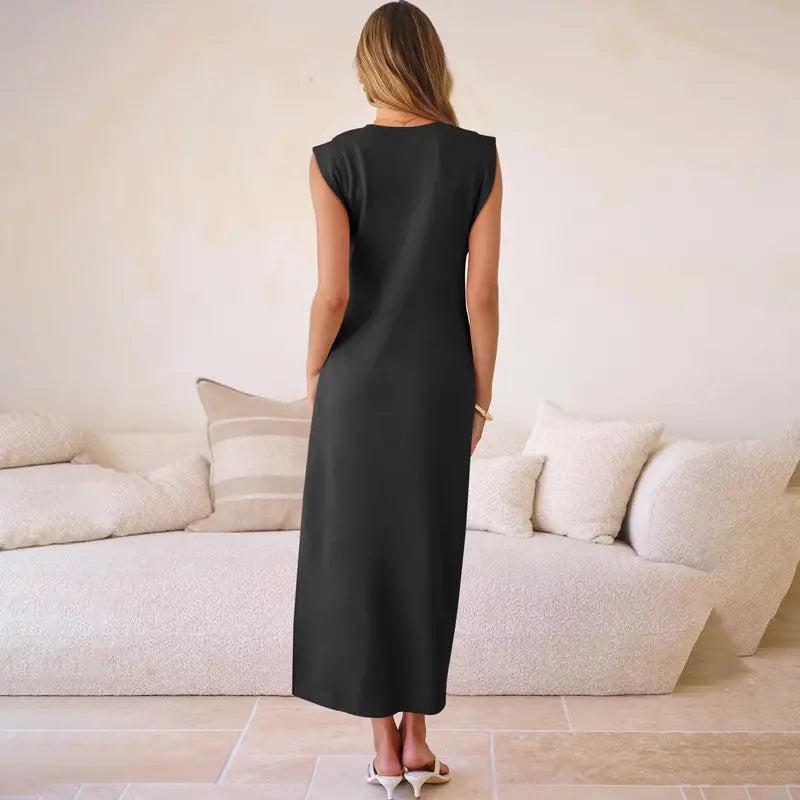 Women Summer Casual Sleeveless Maxi Dress 2026 Crewneck Loose Split Wrinkle-Free Beach Travel Vacation Long Sundress