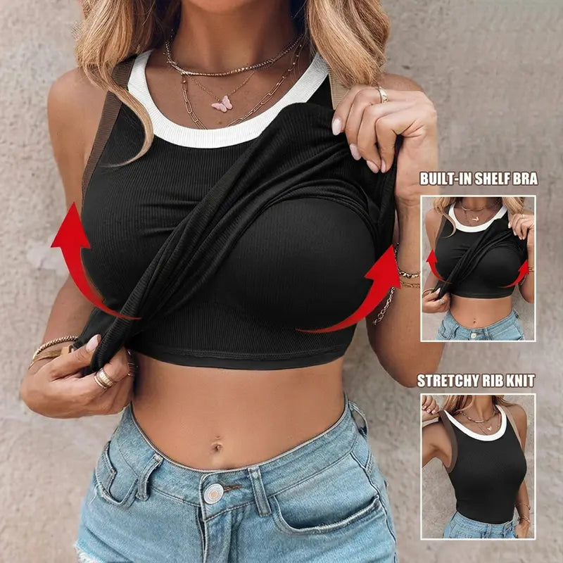 ChicMe Built-in Bra Tank Top Ribbed Racerback Tops Women Going Out Tops Everyday Basic Tanks Padded Tops
