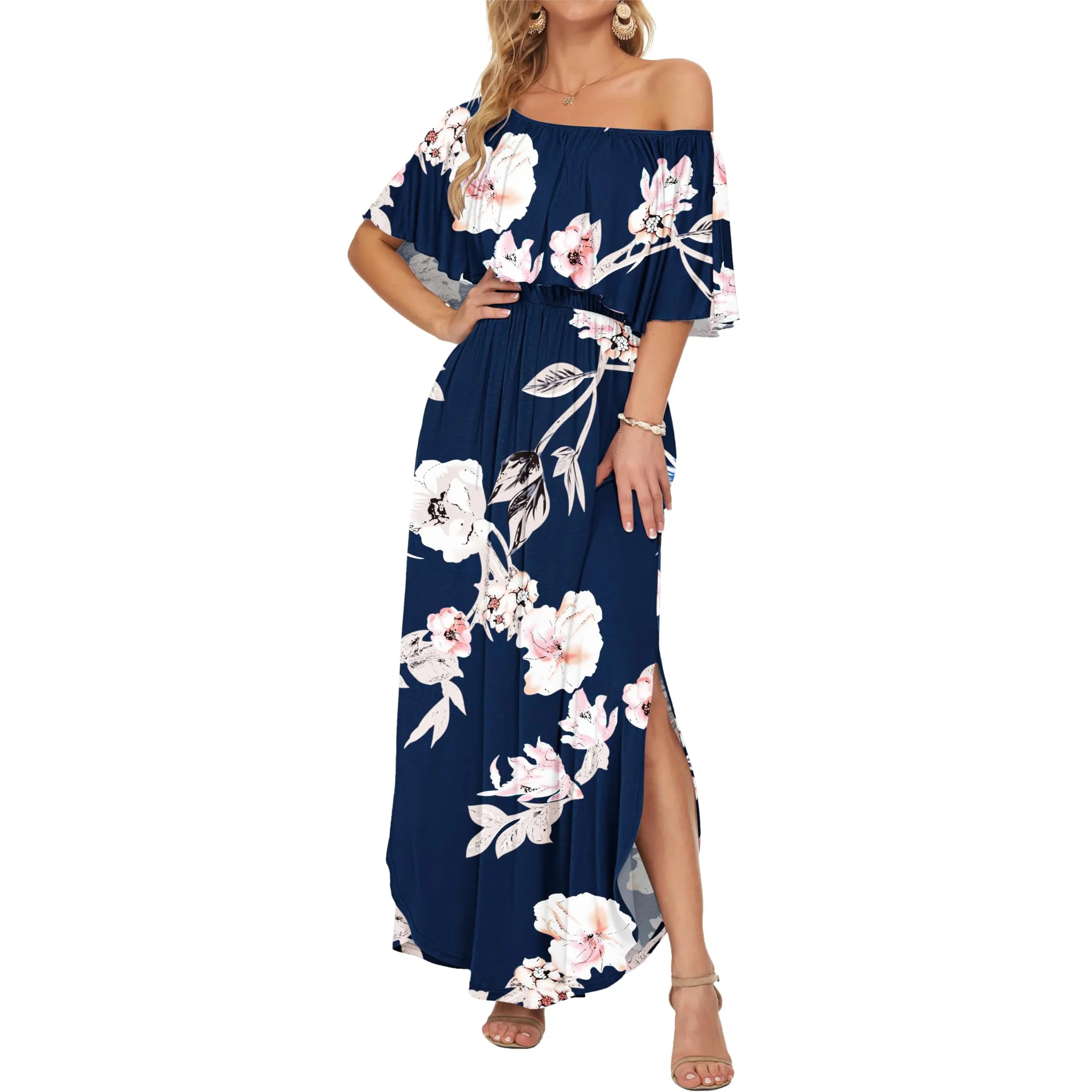 Women's Plus Size Off The Shoulder Dress Wedding Guest Dress Summer Casual Long Ruffle Party Side Split Beach Maxi Dresses with Pockets