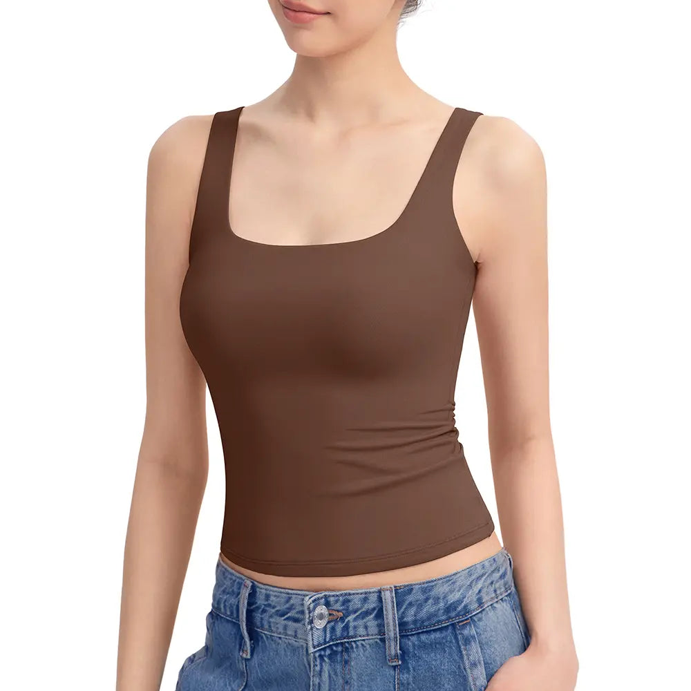 Women's Square Neck Tank Top, Wide Strap Buttery Soft Cami, Double Layer Stretchy Top, Comfortable Everyday Essential summerwins