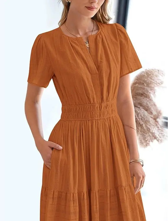 Women's Summer 2026 Casual Maxi Dress Lightweight Short Sleeve V Neck Boho Dress with Pockets