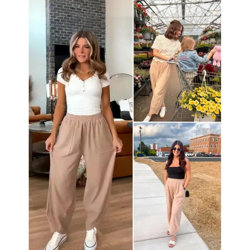 UANEO SummerVibes Women's Baggy Wideleg Pants Casual Elastic Waisted Palazzo Harem Pants with Pockets