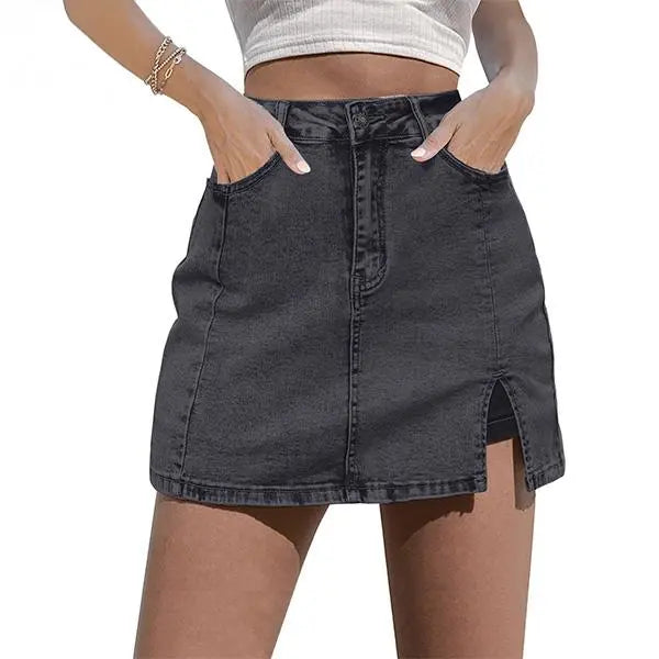 luvamia Skorts Skirts for Women Denim Mini Casual Oversize Skirt Side Slit with High Waisted Jean Shorts Stretchy