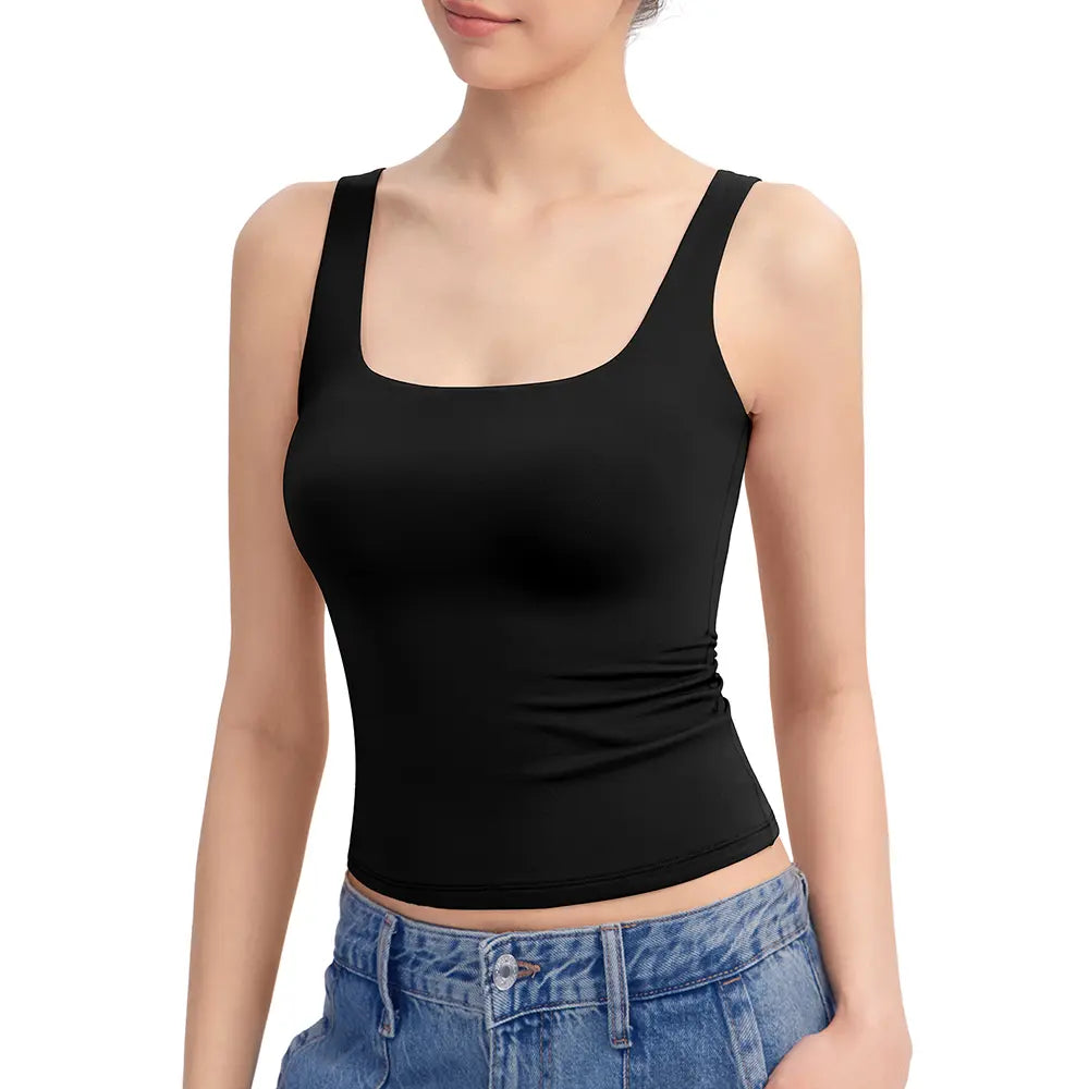 Women's Square Neck Tank Top, Wide Strap Buttery Soft Cami, Double Layer Stretchy Top, Comfortable Everyday Essential summerwins