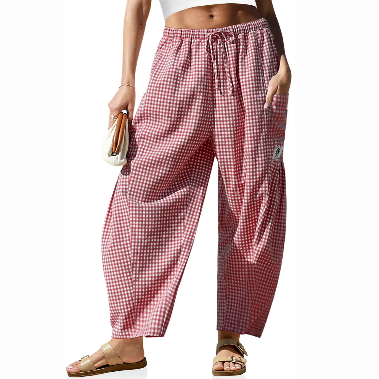【SS26 Kollektion】Damen Weite Hose Gestreifte Karohose Freizeit Barrel Loose Kordelzug Niedrige Taille Palazzo Haremshose mit Taschen