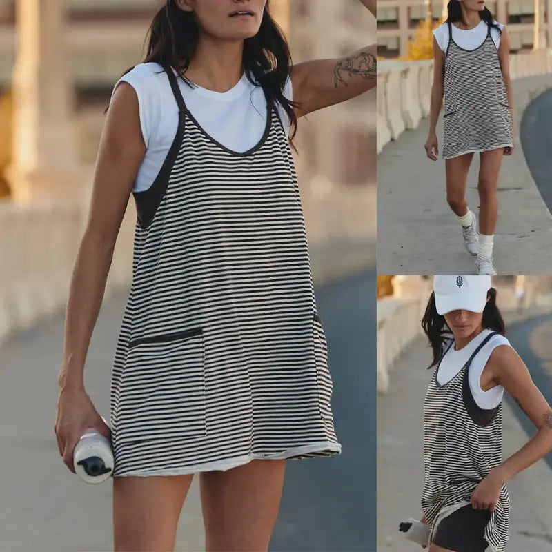 Tanming Damen Ärmelloses Sommerkleid zum 4. Juli, V-Ausschnitt, gestreiftes sportliches Minikleid mit integrierten Shorts – Fitnesskleidung, Athleisure, Strandoutfits, Sommerkleider