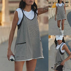Tanming Damen Ärmelloses Sommerkleid zum 4. Juli, V-Ausschnitt, gestreiftes sportliches Minikleid mit integrierten Shorts – Fitnesskleidung, Athleisure, Strandoutfits, Sommerkleider