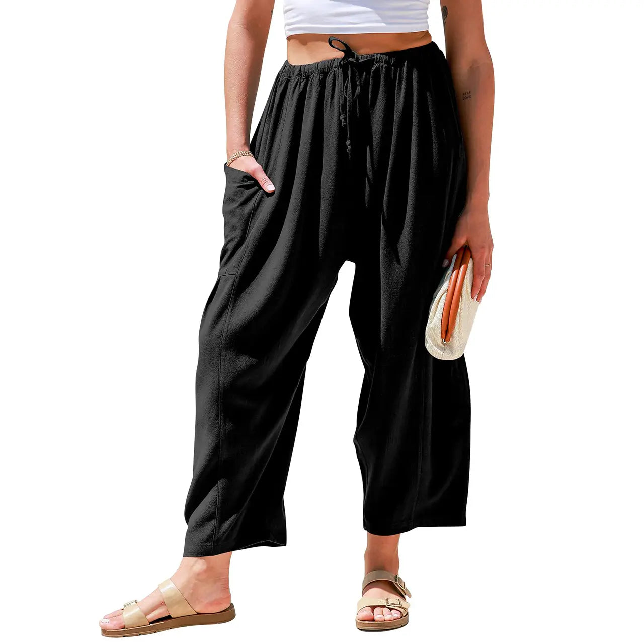 TARES Womens Linen Blend Wide Leg Pants Oversize Casual Loose Fit Beach Palazzo Harem Pants with Pockets Vacation summer outfits Womenswear
