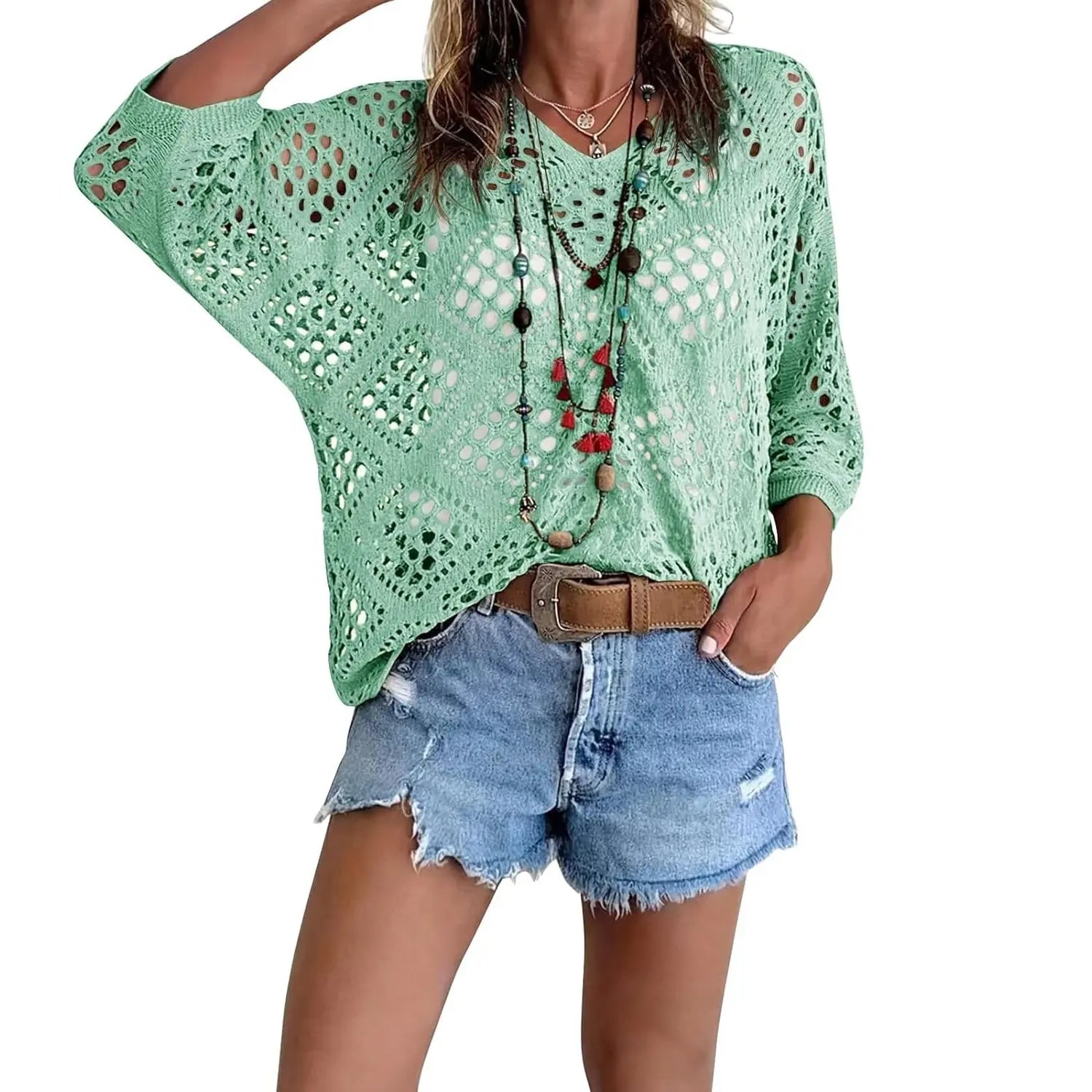 Fisoew Women's Bohemian-Inspired Beige Crochet Top with V-Neck #Springtok #summervibes Casual Chic Womenswear Lightweight costco finds this week tops women's clothes flash sale summer tops