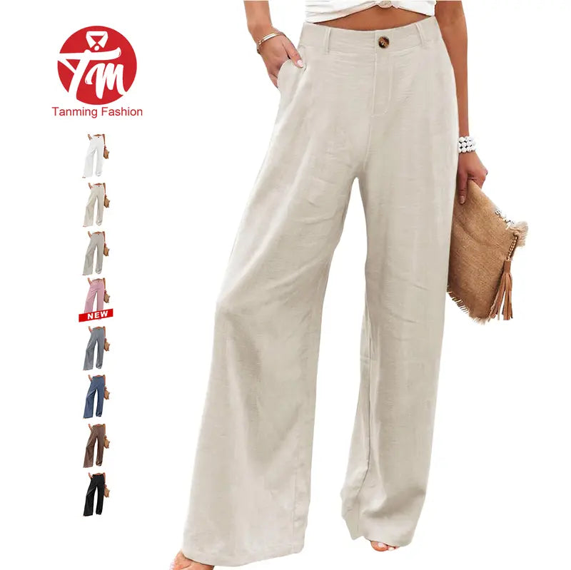 Tanming Womens Cotton Linen Pants Casual Button Up High Waisted Wide Leg Trousers Minimalist Basic Breathable Fabric Casual Loose Comfy Summer Beach Trousers,summerwins