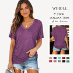 HOLLWI SwimWeek Womens Short Sleeve V Neck Dolman Tops with Side Shirring Loose Fit Shirts