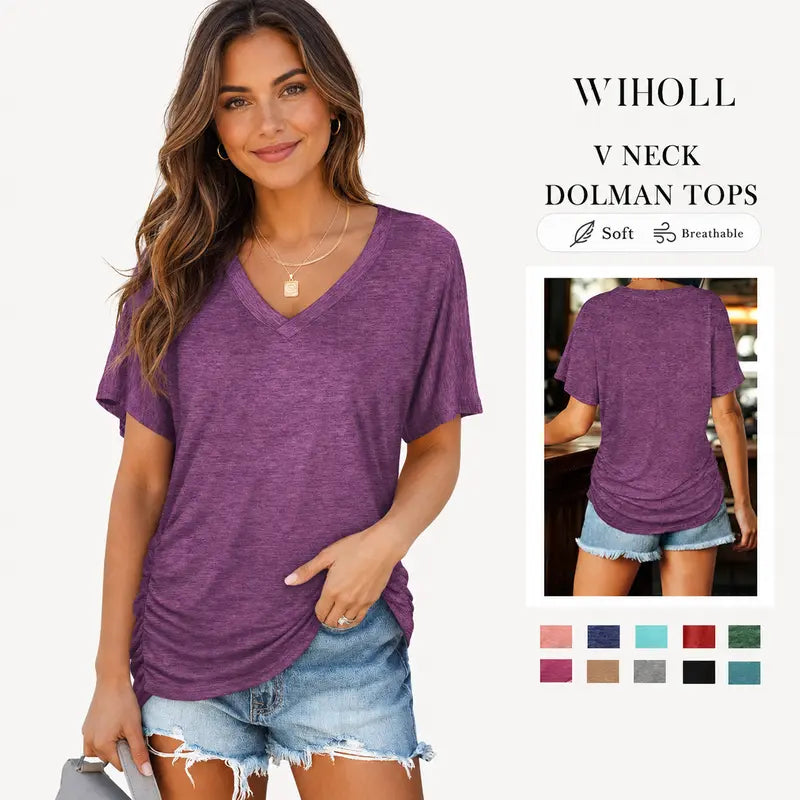 HOLLWI SwimWeek Womens Short Sleeve V Neck Dolman Tops with Side Shirring Loose Fit Shirts