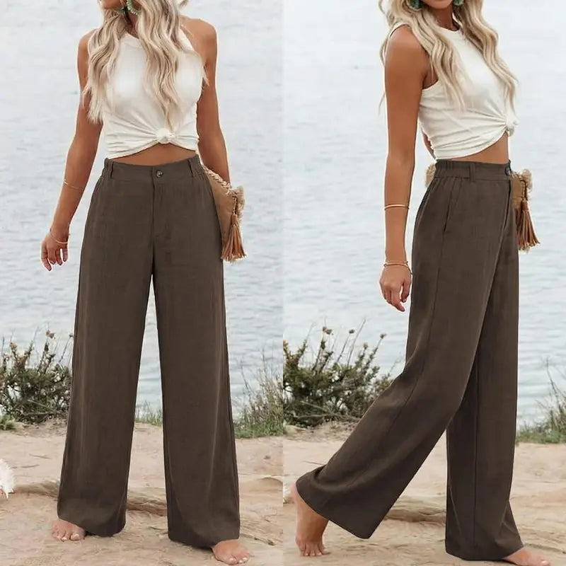 Tanming Womens Cotton Linen Pants Casual Button Up High Waisted Wide Leg Trousers Minimalist Basic Breathable Fabric Casual Loose Comfy Summer Beach Trousers,summerwins