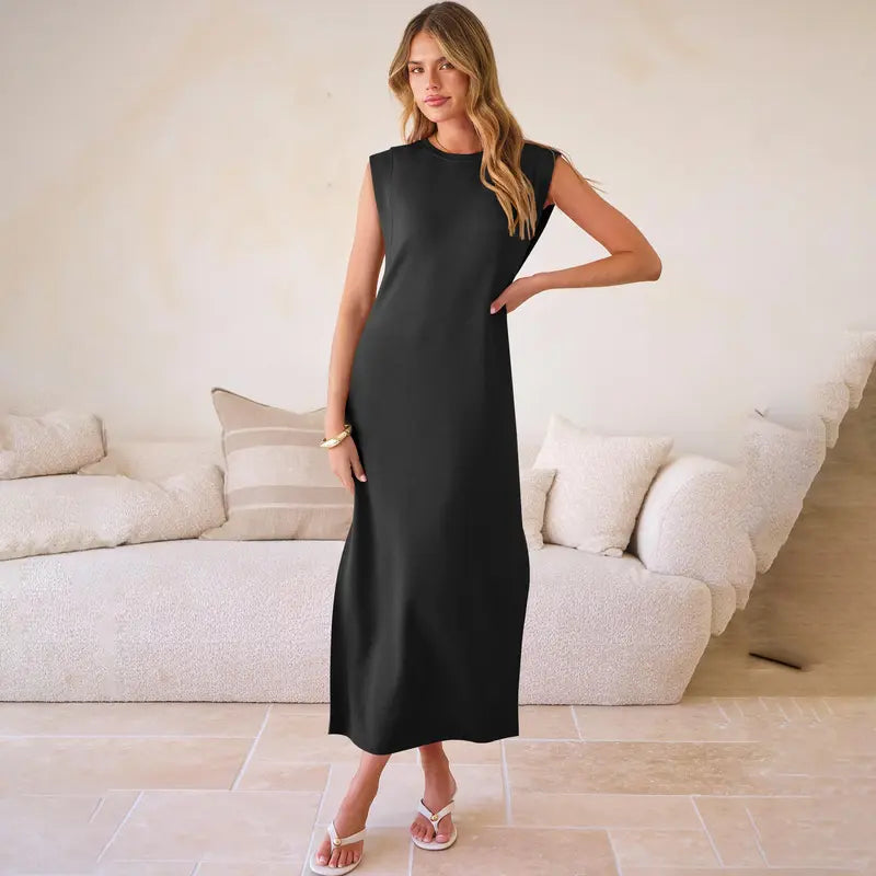 Women Summer Casual Sleeveless Maxi Dress 2026 Crewneck Loose Split Wrinkle-Free Beach Travel Vacation Long Sundress