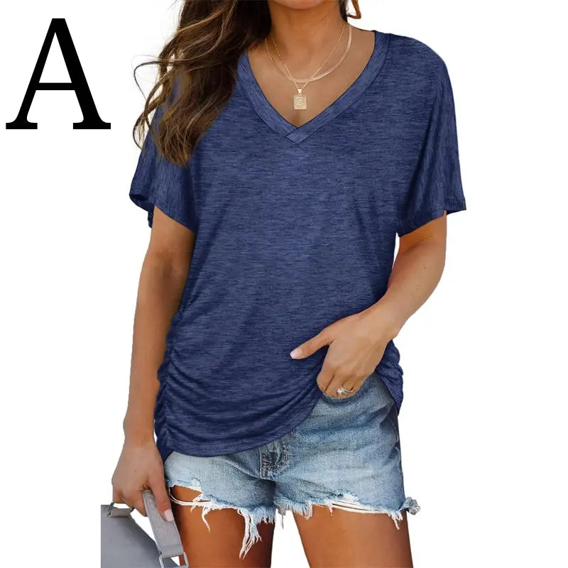 HOLLWI SwimWeek Womens Short Sleeve V Neck Dolman Tops with Side Shirring Loose Fit Shirts