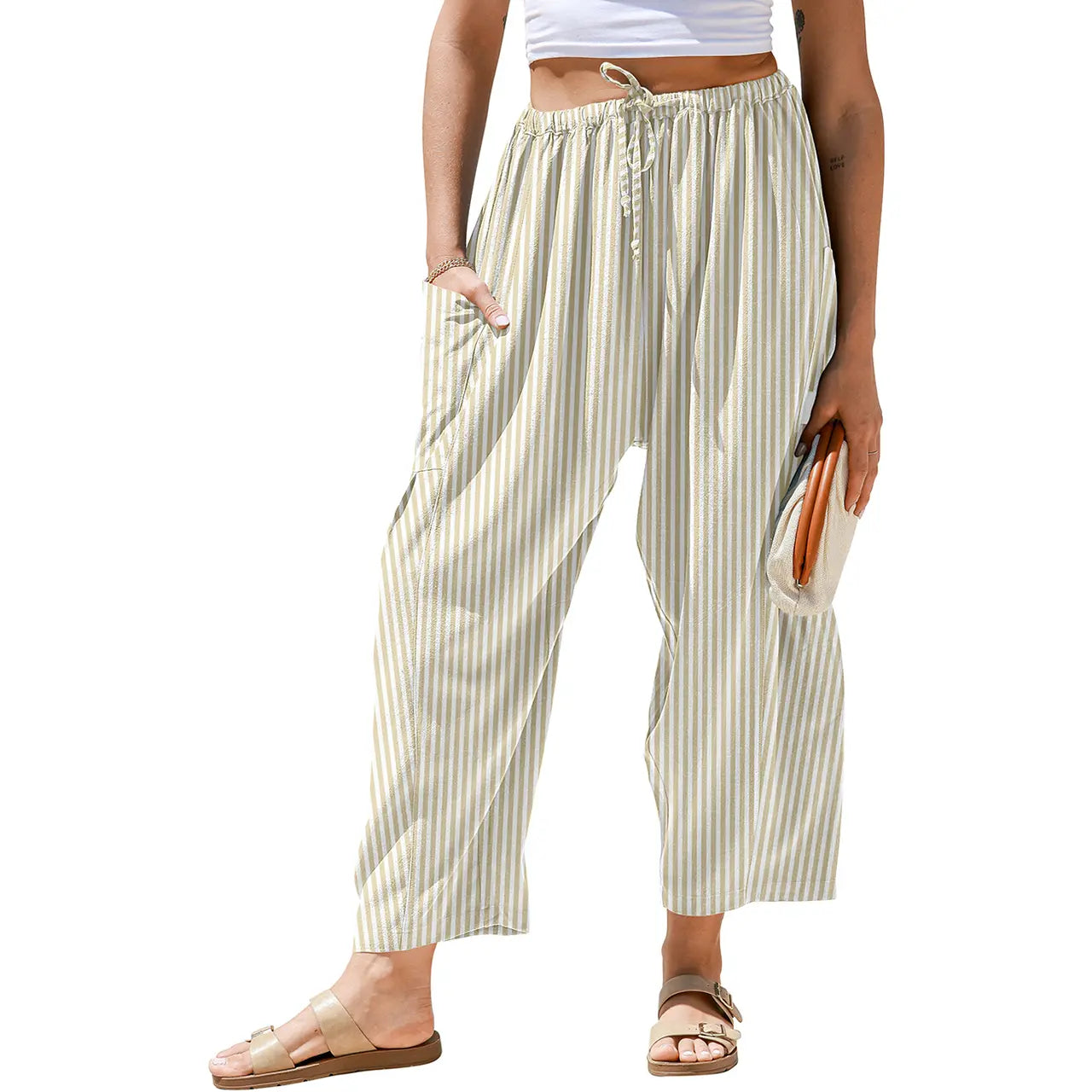 【SS26 Kollektion】Damen Weite Hose Gestreifte Karohose Freizeit Barrel Loose Kordelzug Niedrige Taille Palazzo Haremshose mit Taschen