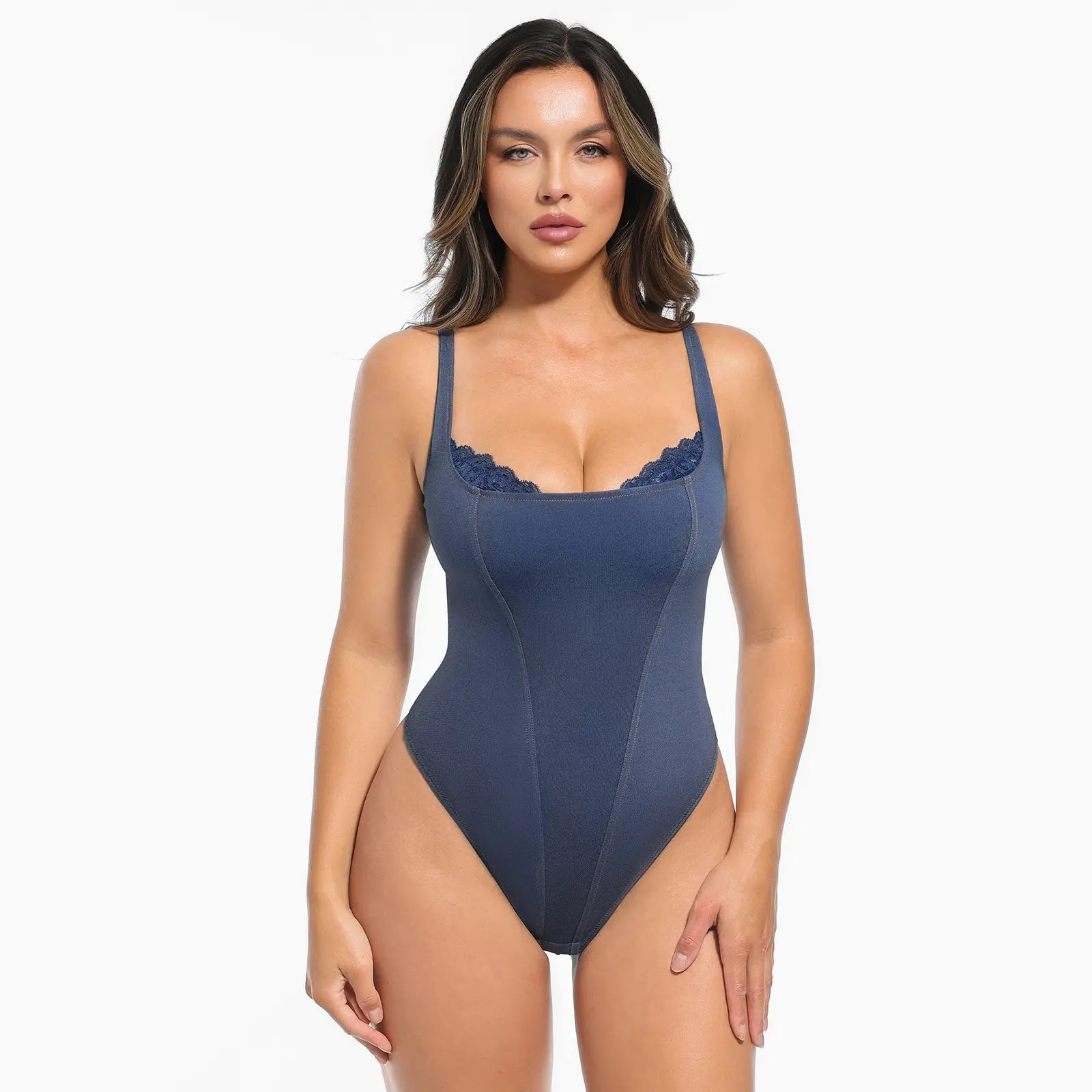 【Runs Small】Popilush Basic Faux Leather Corset Top Supportive Shapewear Bodysuit Lingerie Lace Trim Tummy Control Bustier Sleeveless Womenswear Summervibe